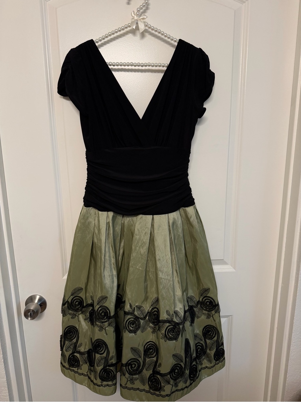 SL Fashions Black Ruched Bodice & Sage Green Embroidered Floral Skirt Dress
